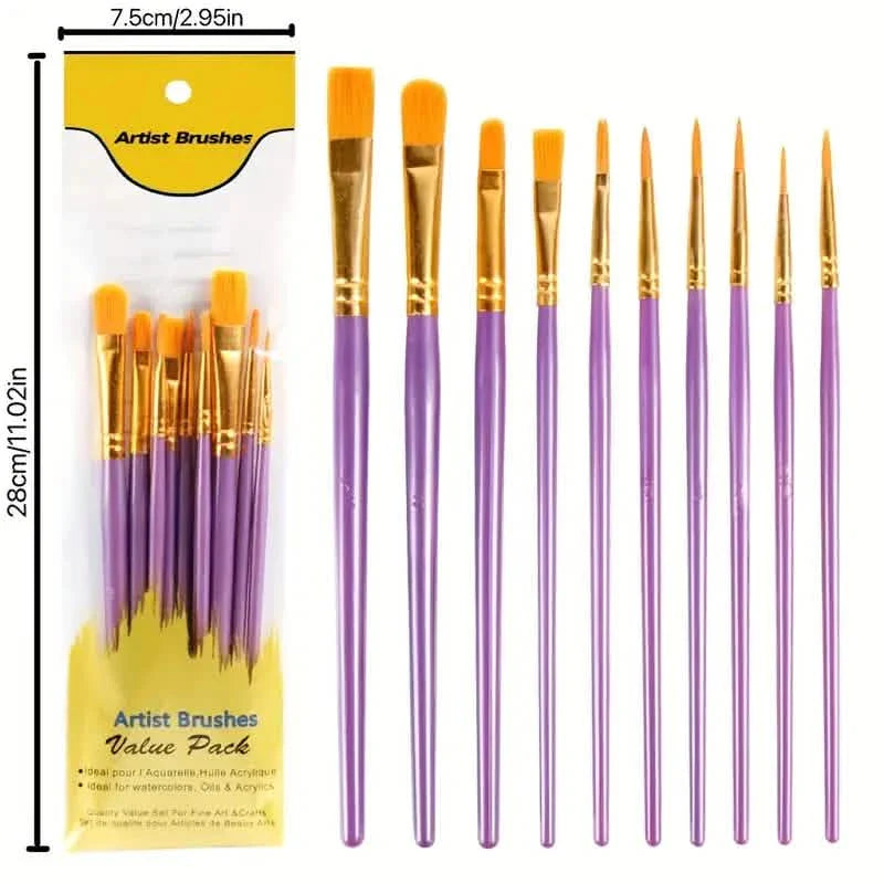 10 Piece Nylon Paintbrush Kit