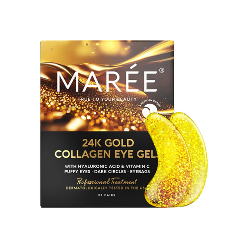 Marée 24K Gold Collagen Eye Gel packaging box shown next to two gold glittery eye gel patches on a plain white background.