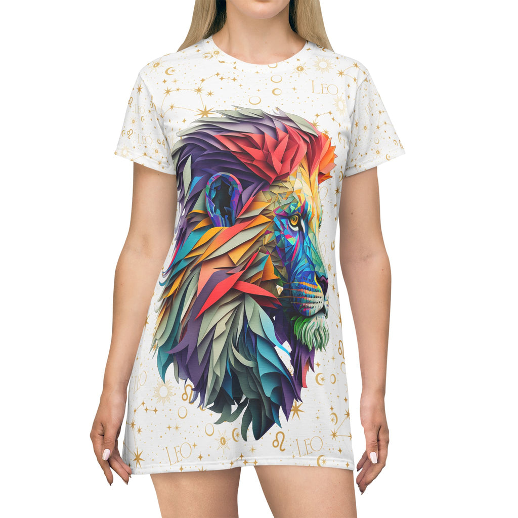 Leo Zodiac T-Shirt Dress — Colorful Geometric Prismatic Lion All-Over Print
