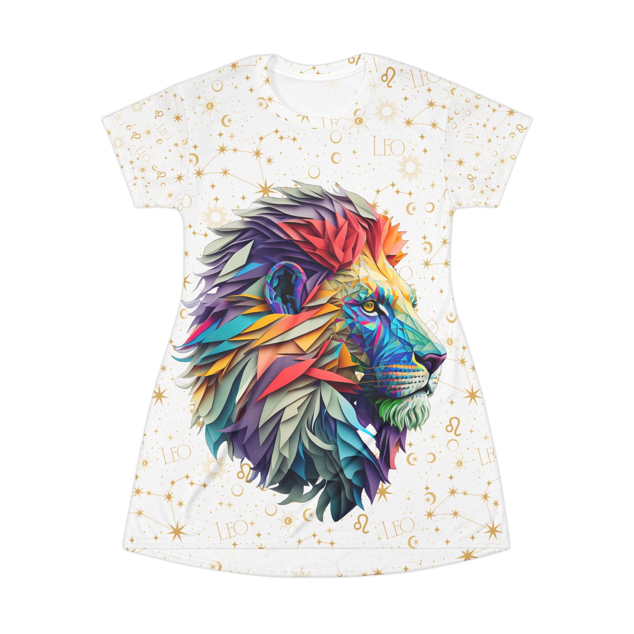 Leo Zodiac T-Shirt Dress — Colorful Geometric Prismatic Lion All-Over Print