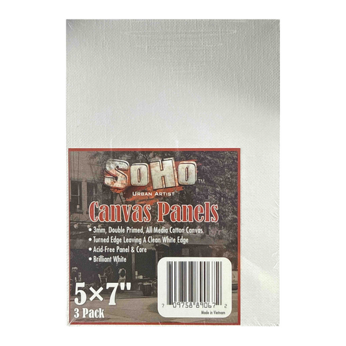 A 3-pack of Soho Urban Artist 5x7 inch canvas panels, packaged in a clear plastic with a printed front label.