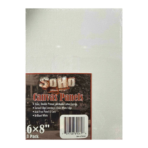 A 3-pack of Soho brand 6x8" canvas panels, packaged in a clear plastic with a prominent product label on the bottom Right.