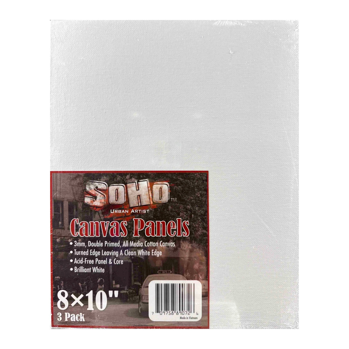 A 3-pack of Soho Urban Artist 8x10 inch canvas panels in brilliant white, packaged in a clear plastic with a product label on the bottom right.