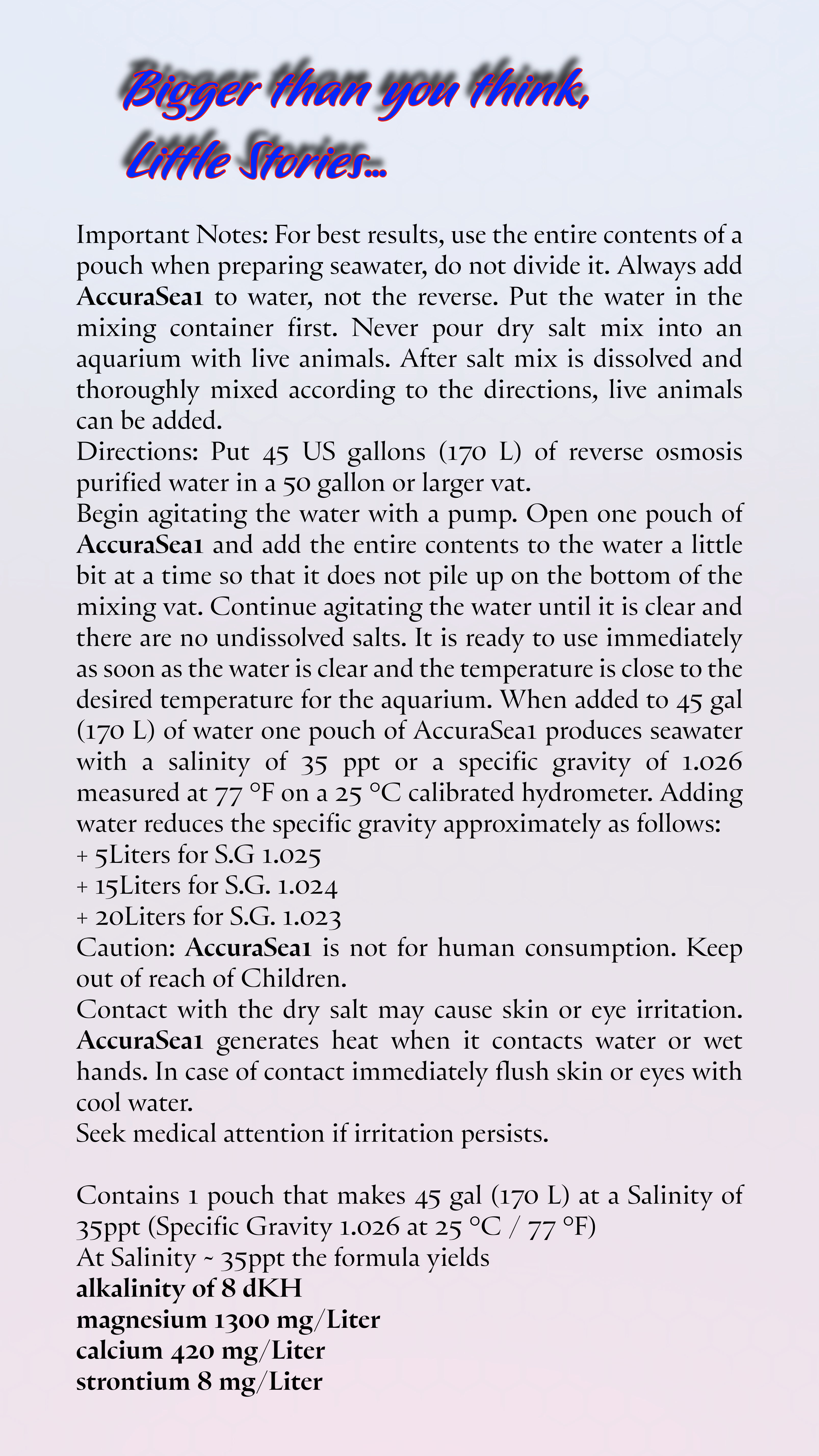 Instructions for using Two Little Fishies Accurasea Salt Mix Artwork