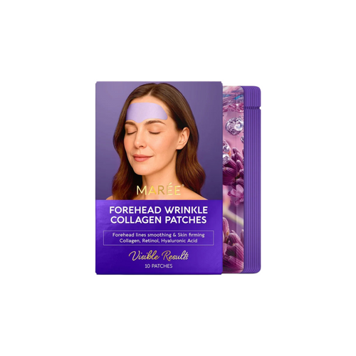 MARÉE Forehead Wrinkle Collagen Patches shown in their purple packaging box with a model's face visible on the front, alongside single packets of the patches.