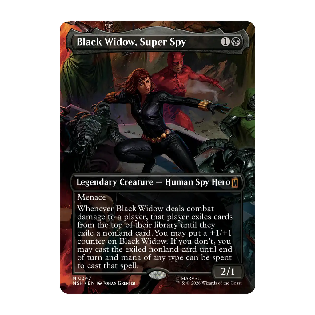 A Magic: The Gathering trading card titled 'Black Widow, Super Spy' from the Marvel Superheroes expansion, featuring artwork by Johan Grenier of Natasha Romanoff Black Widow SHIELD Spy