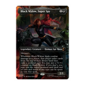 A Magic: The Gathering trading card titled 'Black Widow, Super Spy' from the Marvel Superheroes expansion, featuring artwork by Johan Grenier of Natasha Romanoff Black Widow SHIELD Spy
