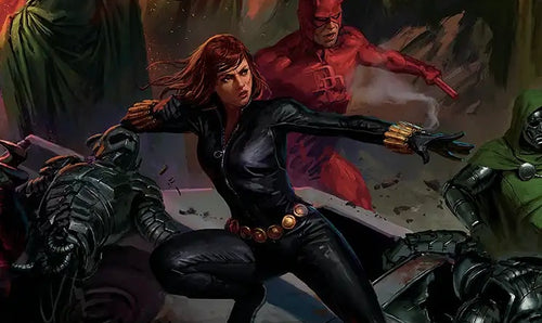 Comic-style artwork showing a Marvel Black Widow superhero in a black bodysuit crouching in a battle scene beside an Ultron drone, Daredevil, Dr. Doom.