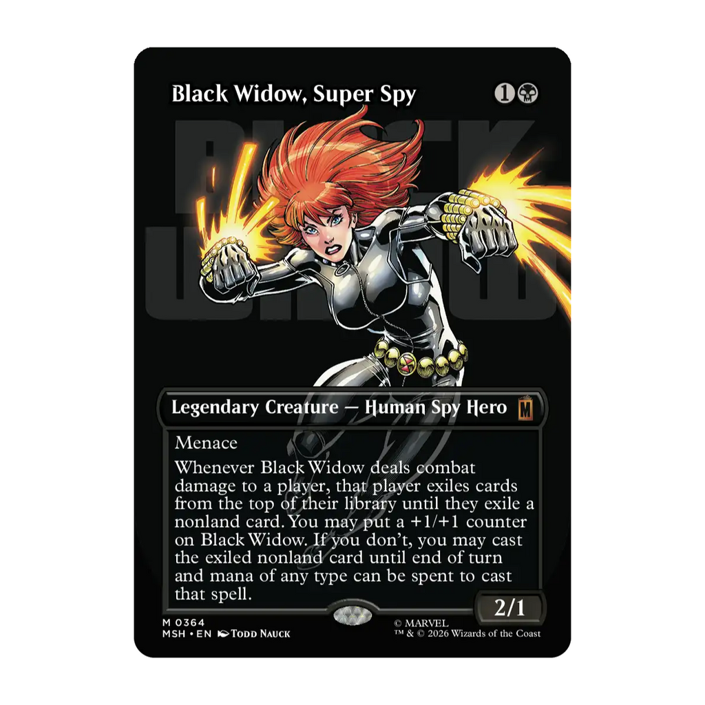 A Marvel Magic: The Gathering trading card for 'Black Widow, Super Spy' from the Shadows of War set. The card features a black background with an illustration of Black Widow in her signature black and silver suit with bright red hair and yellow energy effects, and the Marvel logo in the bottom right corner.