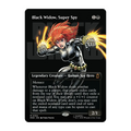 A Marvel Magic: The Gathering trading card for 'Black Widow, Super Spy' from the Shadows of War set. The card features a black background with an illustration of Black Widow in her signature black and silver suit with bright red hair and yellow energy effects, and the Marvel logo in the bottom right corner.