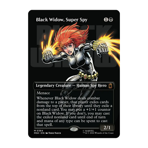 A Marvel Magic: The Gathering trading card for 'Black Widow, Super Spy' from the Shadows of War set. The card features a black background with an illustration of Black Widow in her signature black and silver suit with bright red hair and yellow energy effects, and the Marvel logo in the bottom right corner.