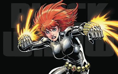 A Marvel Magic: The Gathering trading card for 'Black Widow, Super Spy' from the Shadows of War set. The card features a black background with an illustration of Black Widow in her signature black and silver suit with bright red hair and yellow energy effects, and the Marvel logo in the bottom right corner.