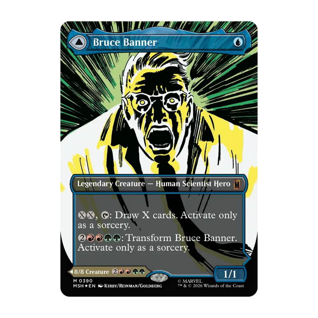 A Magic: The Gathering trading card featuring Bruce Banne from Marvel Superheroes, with a stylized illustration of a screaming face in black, yellow, and white against a green radiating background.