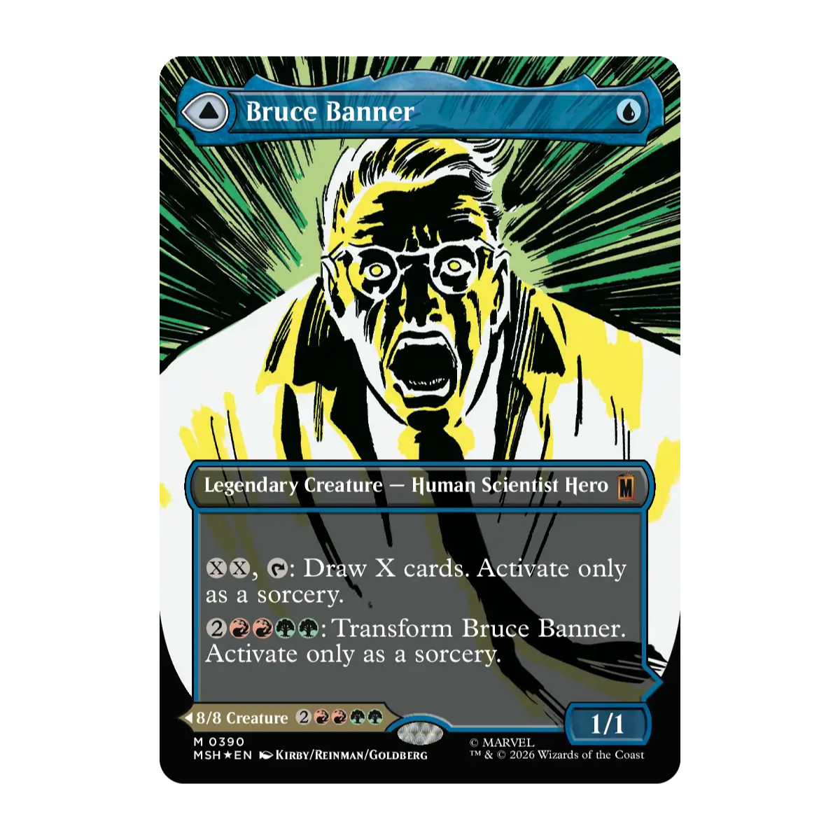 A Magic: The Gathering trading card featuring Bruce Banne from Marvel Superheroes, with a stylized illustration of a screaming face in black, yellow, and white against a green radiating background.