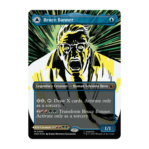 A Magic: The Gathering trading card featuring Bruce Banne from Marvel Superheroes, with a stylized illustration of a screaming face in black, yellow, and white against a green radiating background.