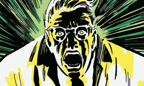 A stylized comic-book illustration of a screaming Bruce Banner Hulk Doctor face with glasses, rendered in black, white, yellow, and green with radiating line effects.