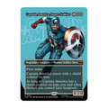 A single Magic Gathering Marvel Super Heroes Captain America Super-Soldier trading card shown against a plain white background. The card features Captain America artwork on a turquoise-blue background