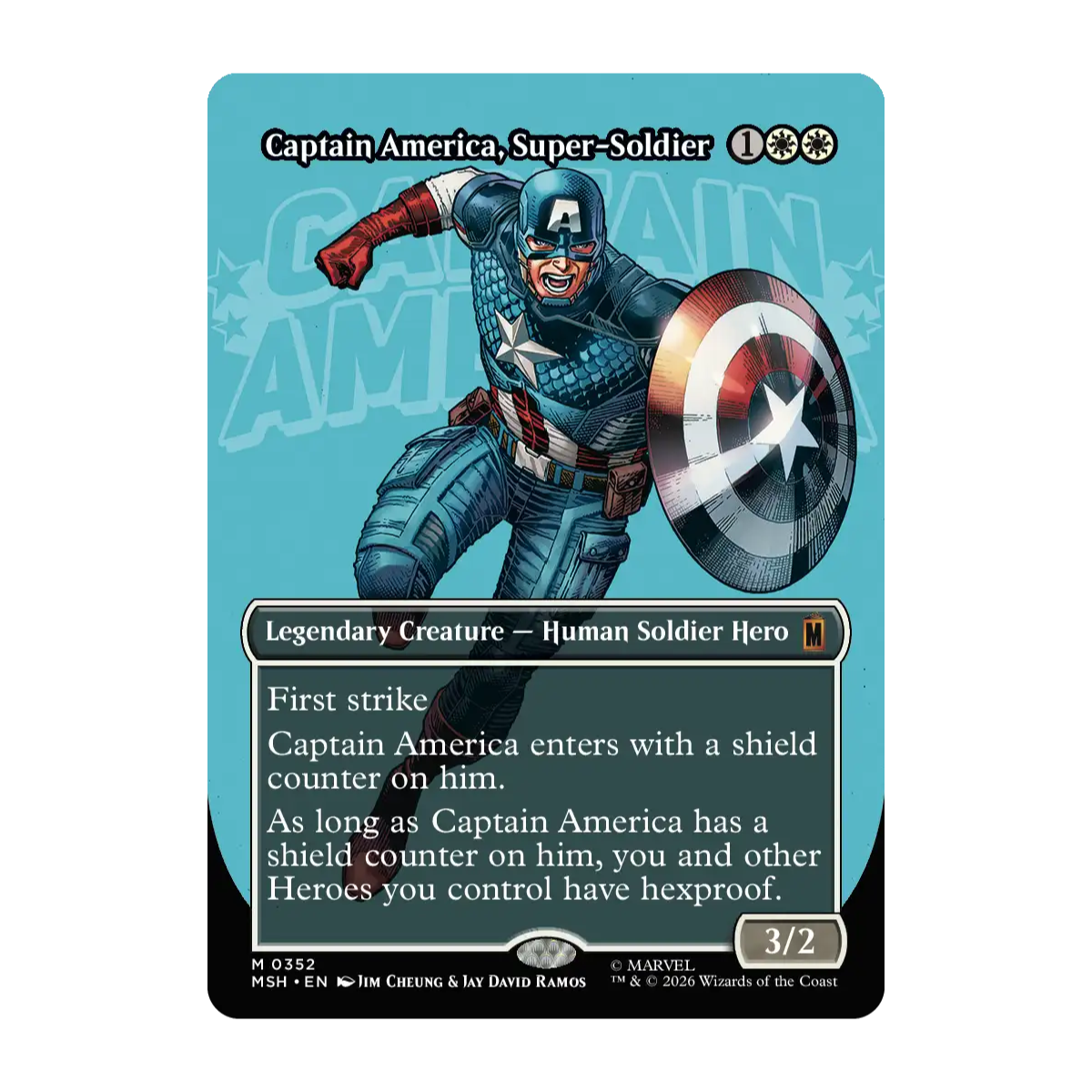 A single Magic Gathering Marvel Super Heroes Captain America Super-Soldier trading card shown against a plain white background. The card features Captain America artwork on a turquoise-blue background