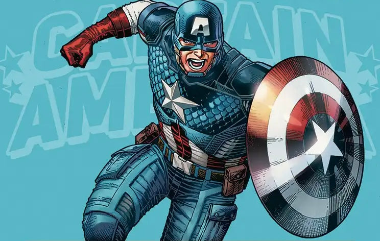Magic Gathering Captain America comic-style illustration in a dynamic action pose, wearing a blue suit with a white star emblem and holding a round shield against a light blue background with large transparent CAPTAIN AMERICA text.