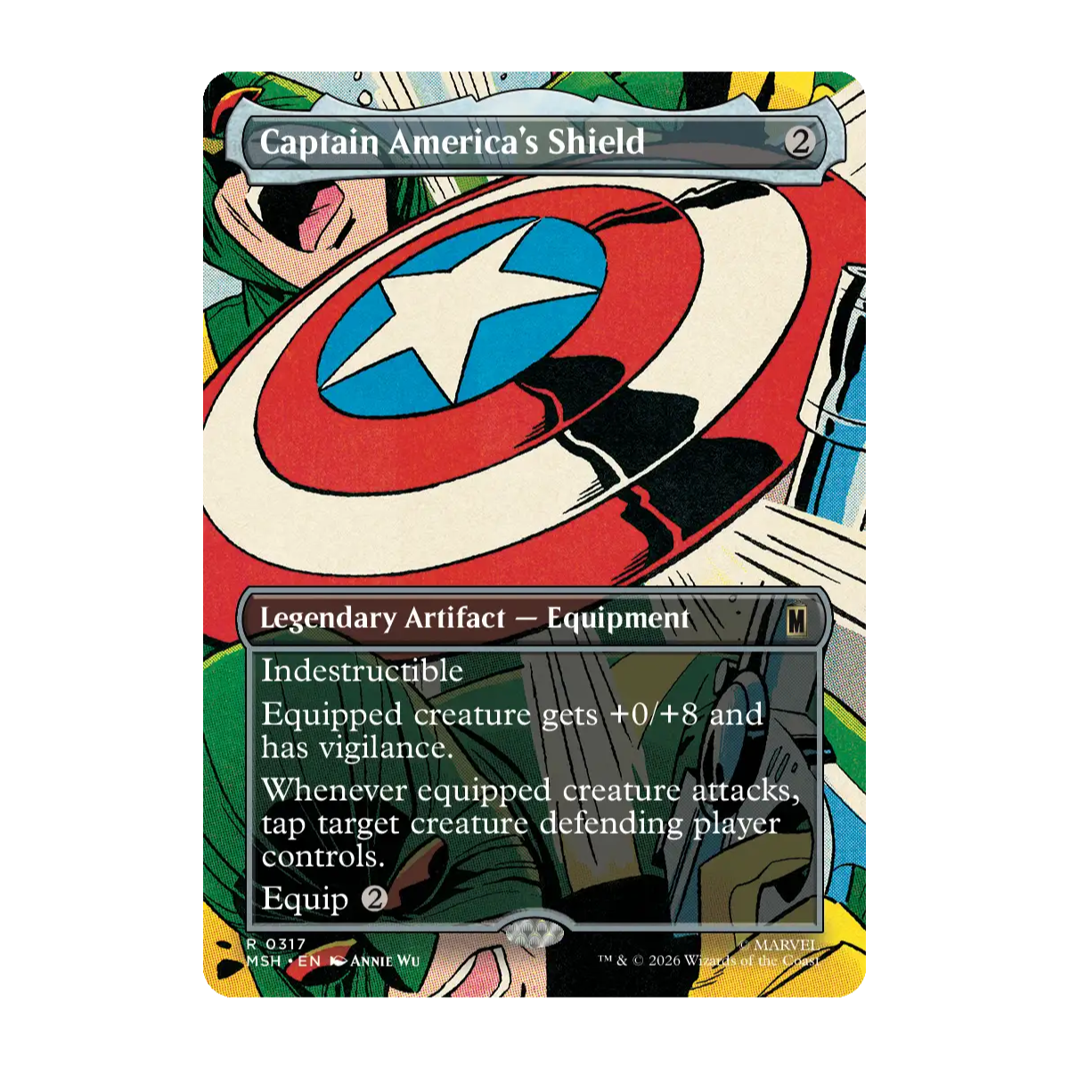 A single Captain America's Shield trading card shown upright against a plain white background. The card features Captain America's shield artwork in red, white, and blue, with a dark gray text box and comic-style illustration around the border.