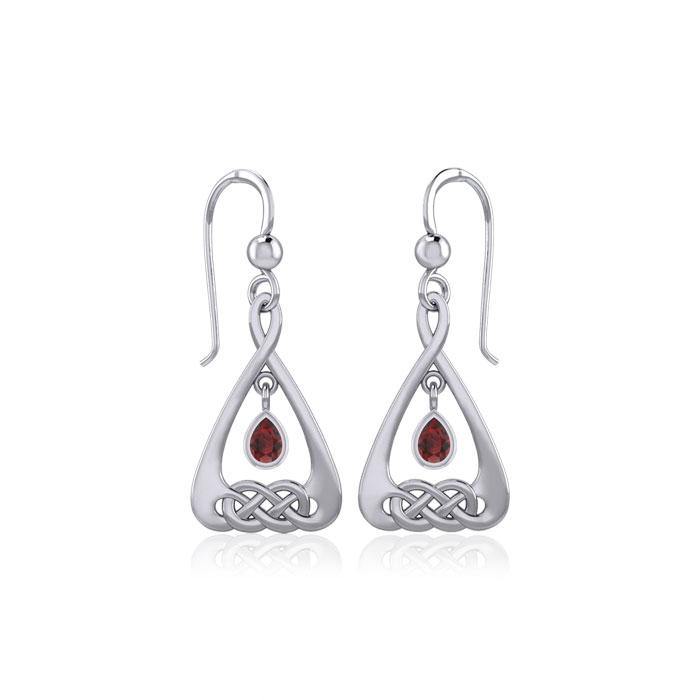 Celtic Knot Reverse Heart Teardrop Dangle Silver Earrings Gemstone Garnet