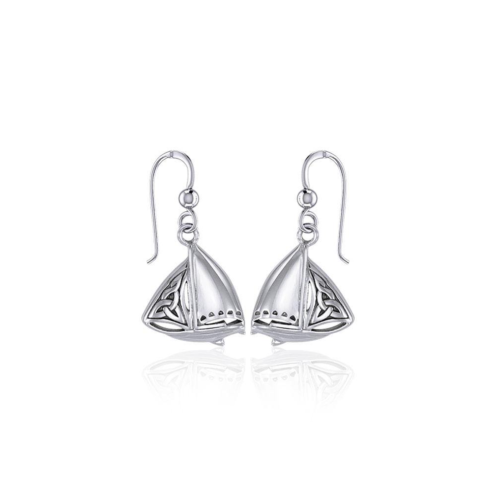 Pair of silver sailboat Celtic Eternity Knotwork earrings intricate jewelry artwork