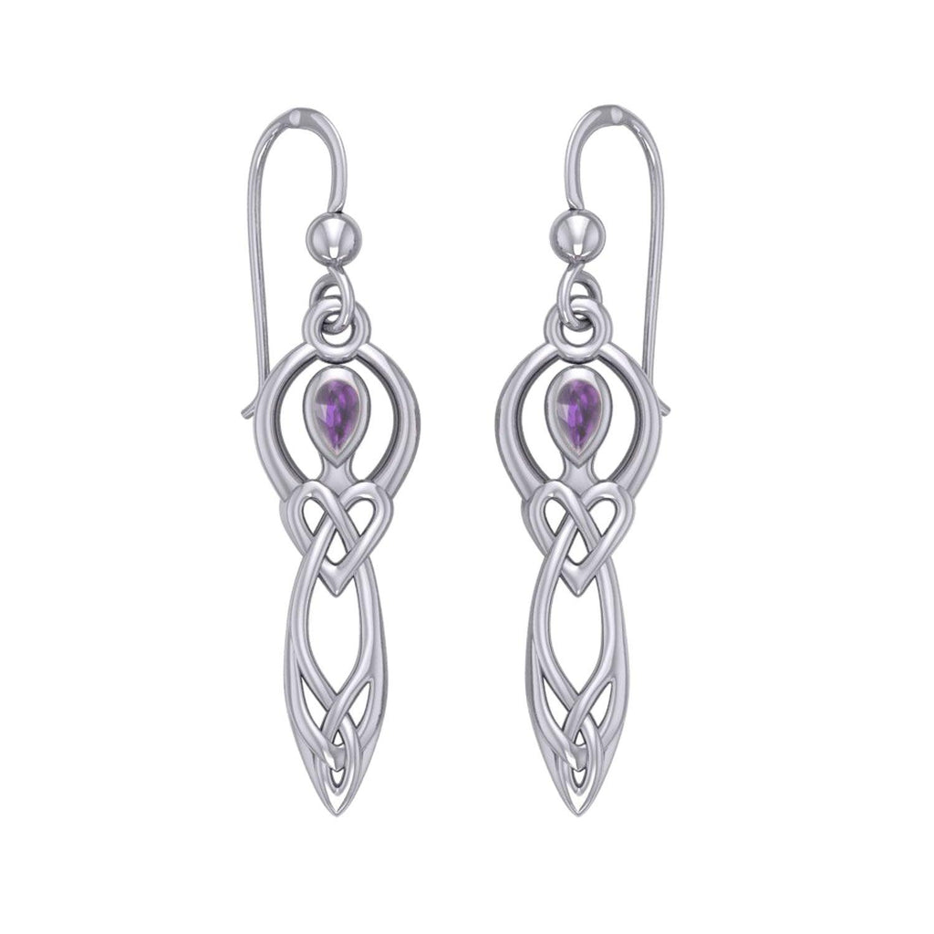 Celtic Knotwork Goddess with Gemstone Silver Earrings Genuine Amethyst Emerald Glass Blue Topaz Garnet Rainbow Moonstone
