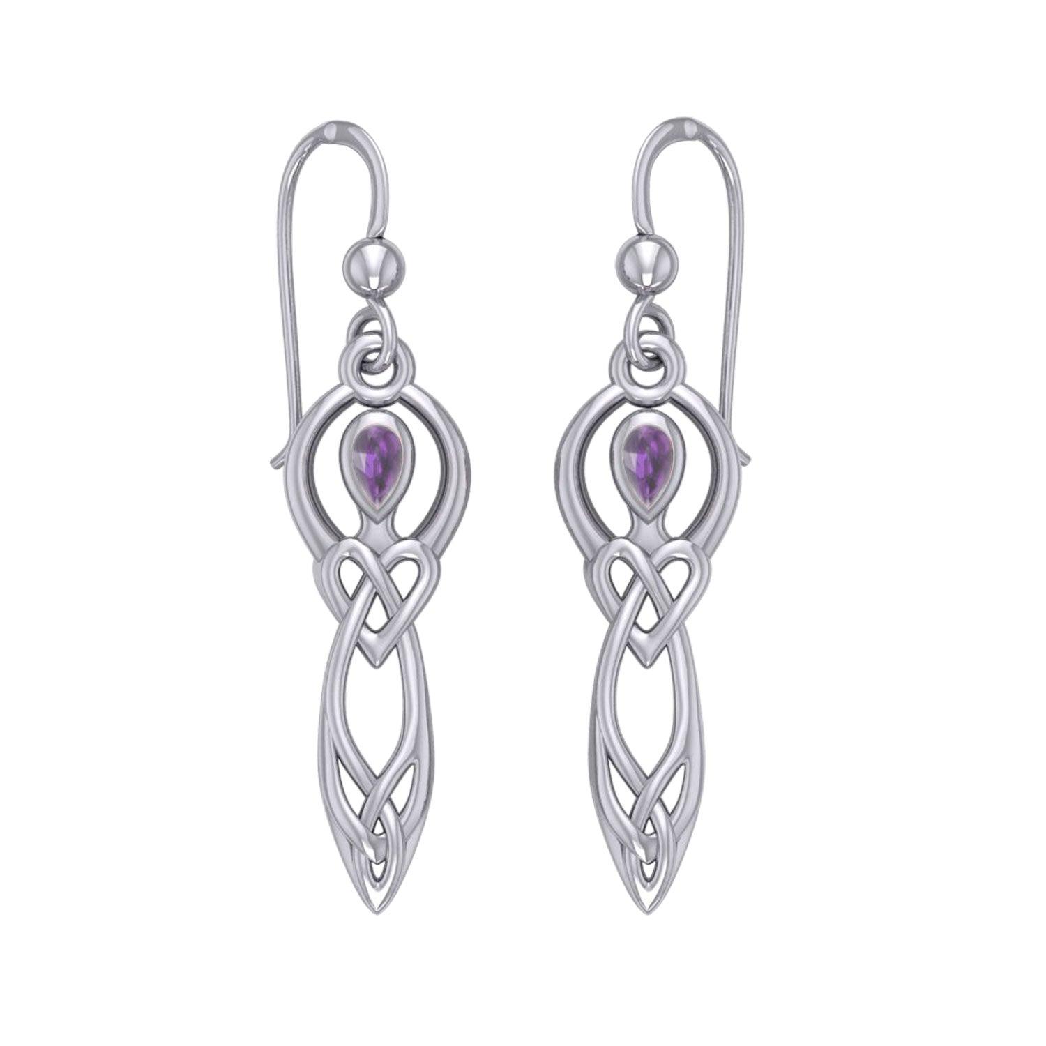 Celtic Knotwork Goddess with Gemstone Silver Earrings Genuine Amethyst Emerald Glass Blue Topaz Garnet Rainbow Moonstone