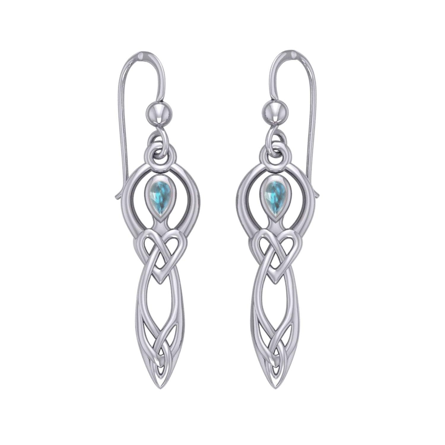 Celtic Knotwork Goddess with Gemstone Silver Earrings Genuine Amethyst Emerald Glass Blue Topaz Garnet Rainbow Moonstone