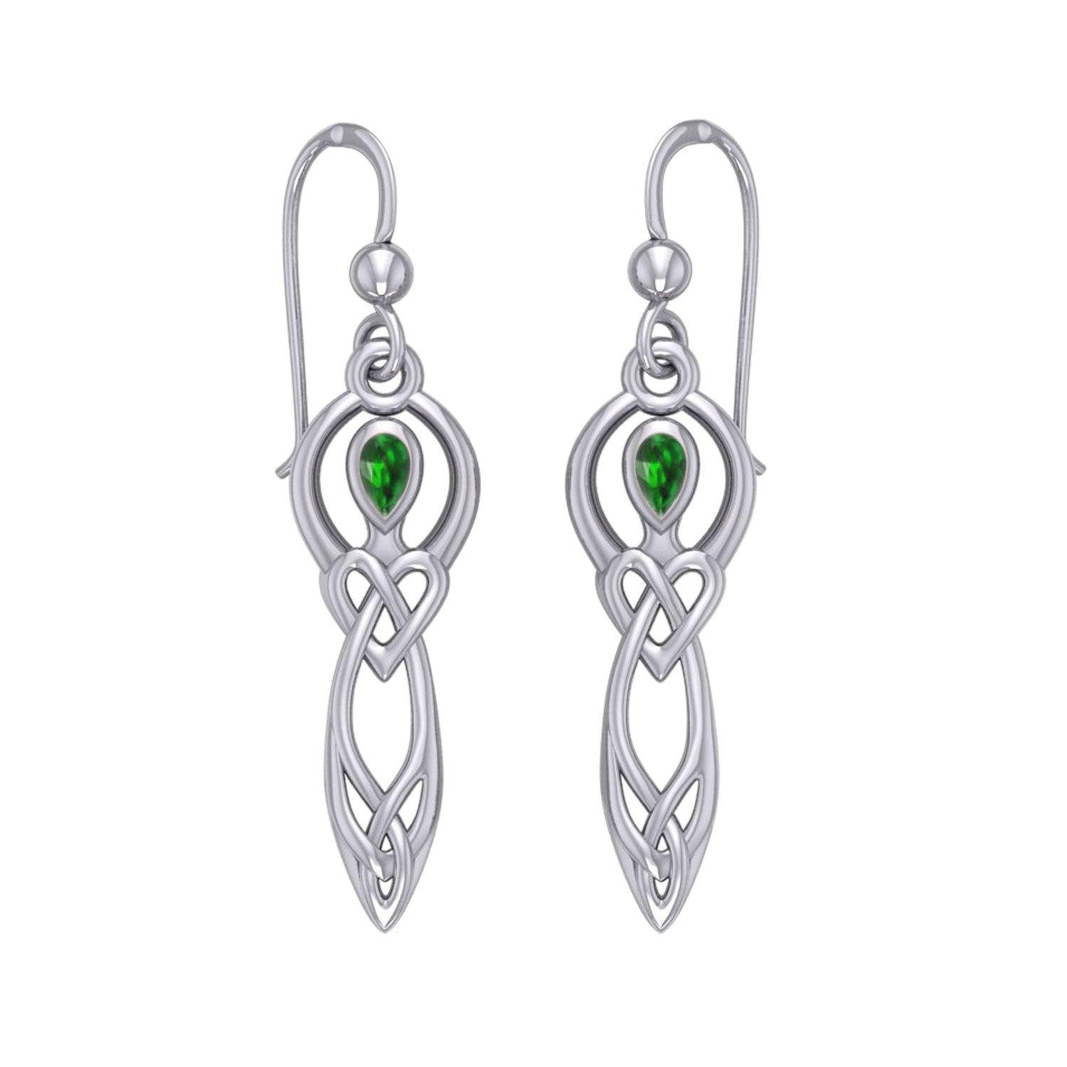 Celtic Knotwork Goddess with Gemstone Silver Earrings Genuine Amethyst Emerald Glass Blue Topaz Garnet Rainbow Moonstone