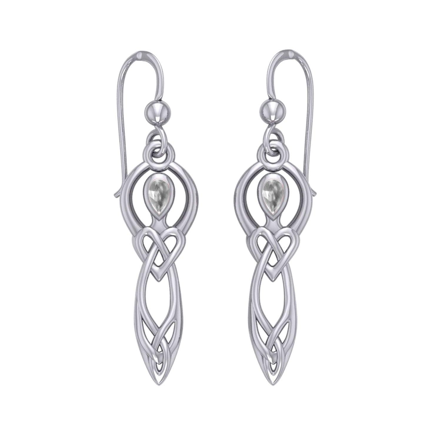 Celtic Knotwork Goddess with Gemstone Silver Earrings Genuine Amethyst Emerald Glass Blue Topaz Garnet Rainbow Moonstone