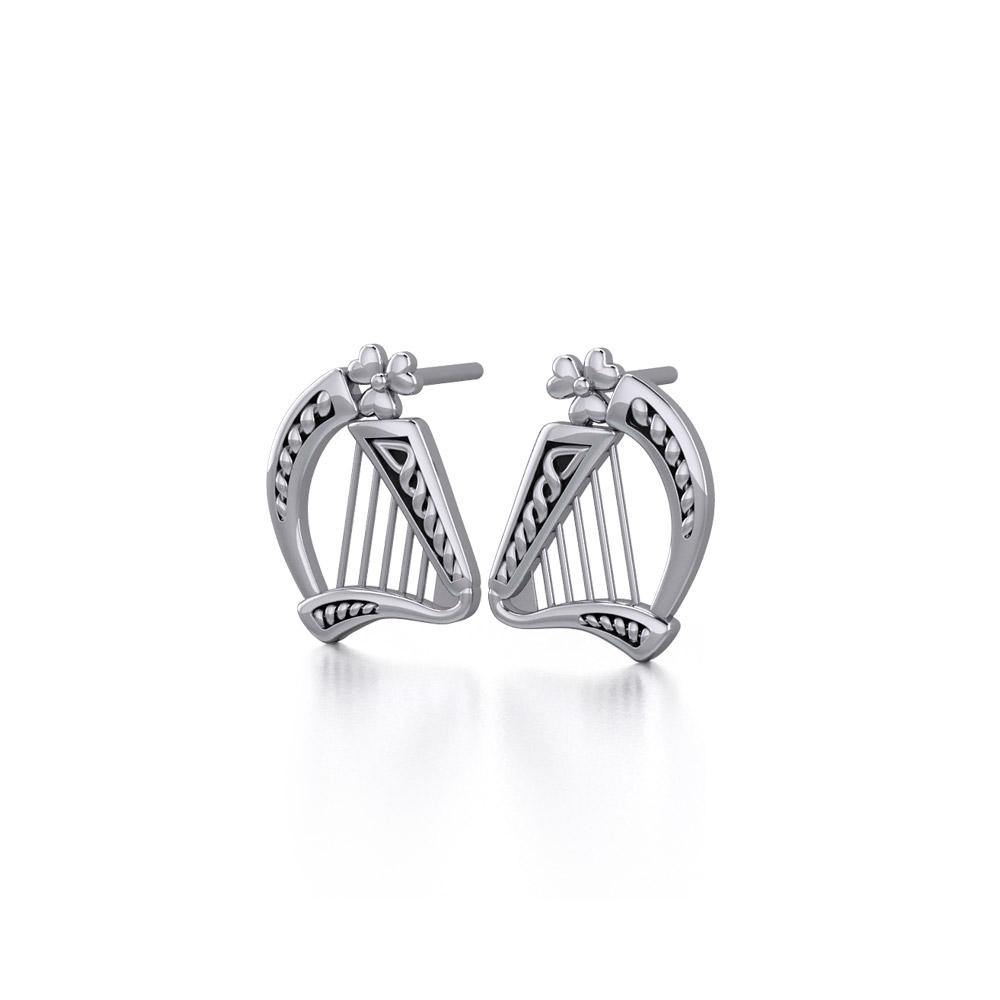 Celtic Spiraled Knot work Harp 3 Heart Clover Sterling Silver Earrings Post Stud Music Jewelry
