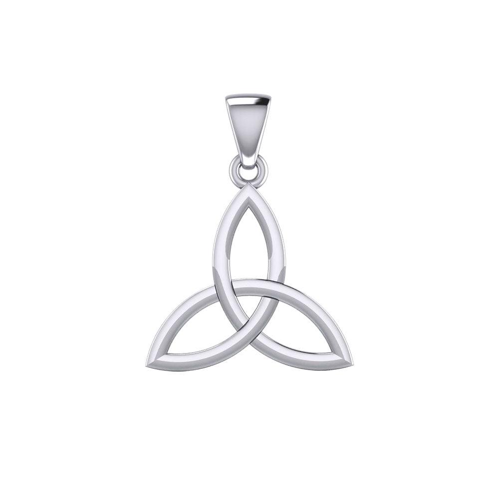 A polished white gold pendant featuring a Celtic triquetra or triquetra-style knot design, shown on a plain white background.