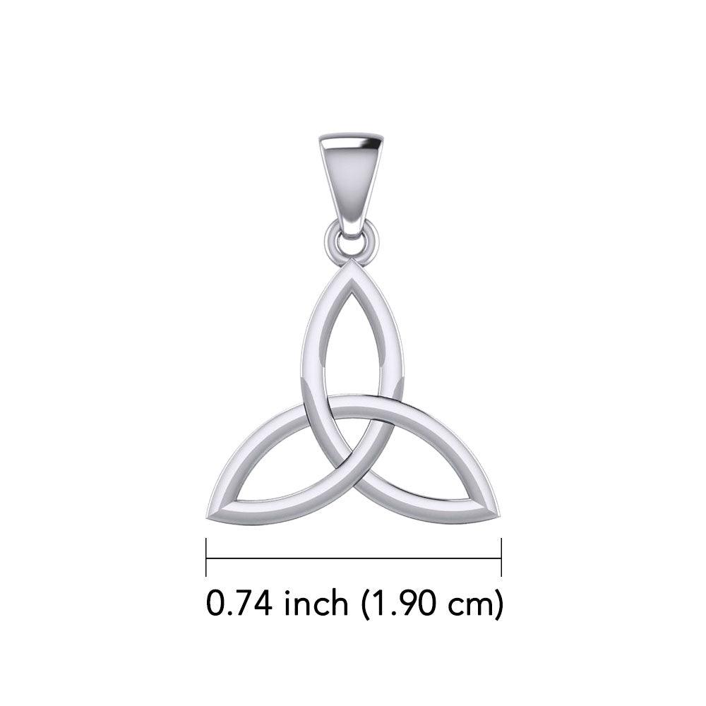 A white gold triquetra knot pendant on a plain white background, with a measurement label below indicating 0.74 inch (1.90 cm)