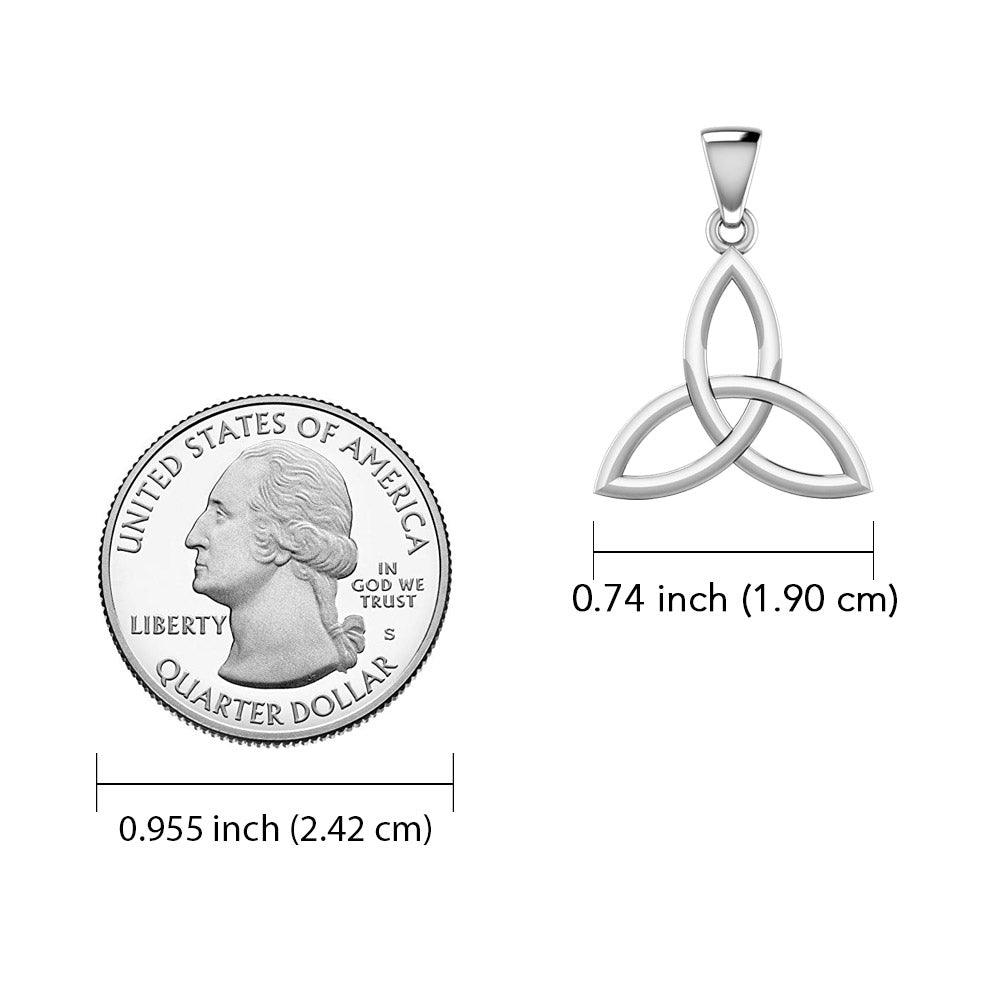 Celtic triquetra knot pendant shown next to a U.S. Quarter for relative sizing reference