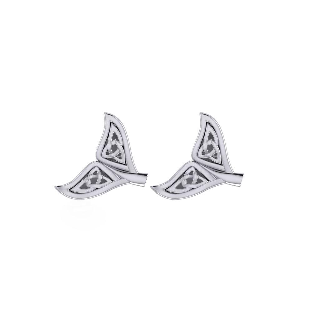 Pair of Celtic Knotwork Whale Tail Silver Post Earrings with intricate Jewelry Pattern