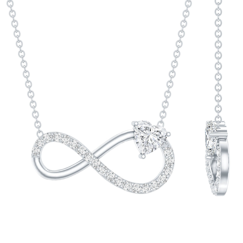 Silver moissanite necklace with infinity symbol and heart-shaped pendant on a white background