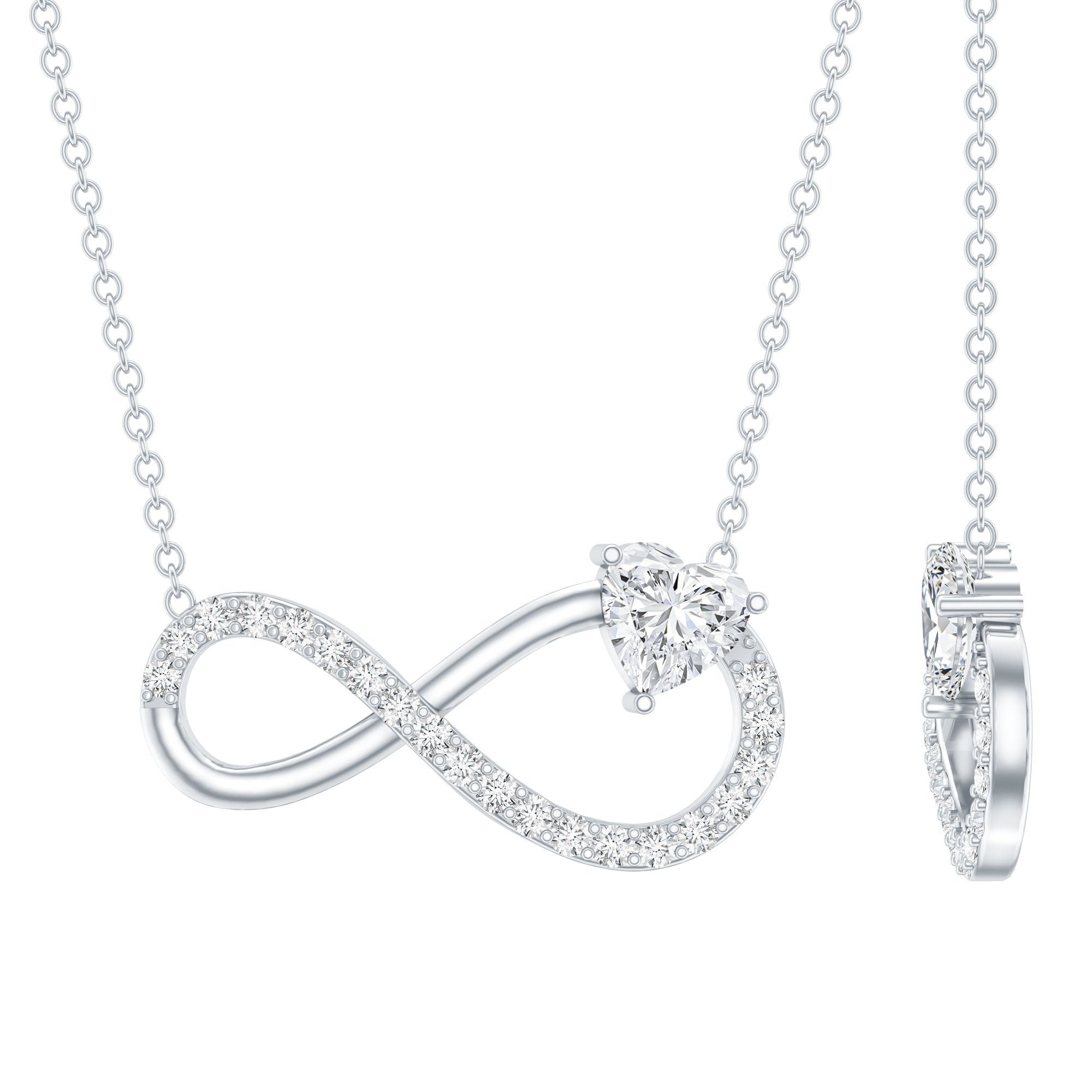 Silver moissanite necklace with infinity symbol and heart-shaped pendant on a white background