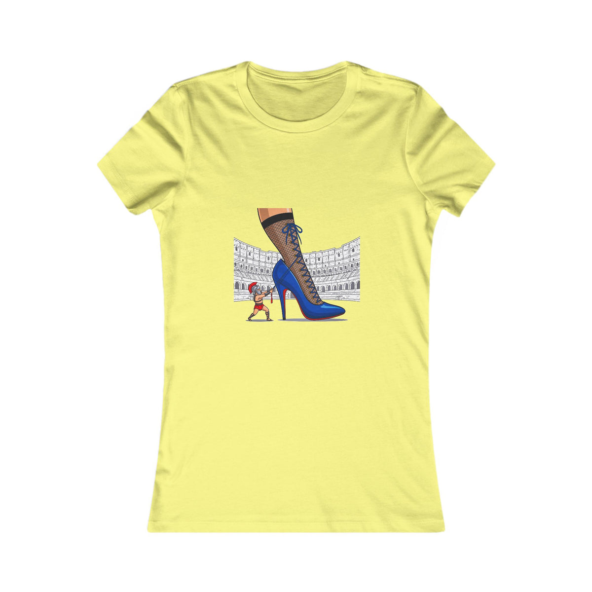 Yellow t-shirt with a graphic of a gladiator pulling high heels from a shoelace in a Coliseum 
