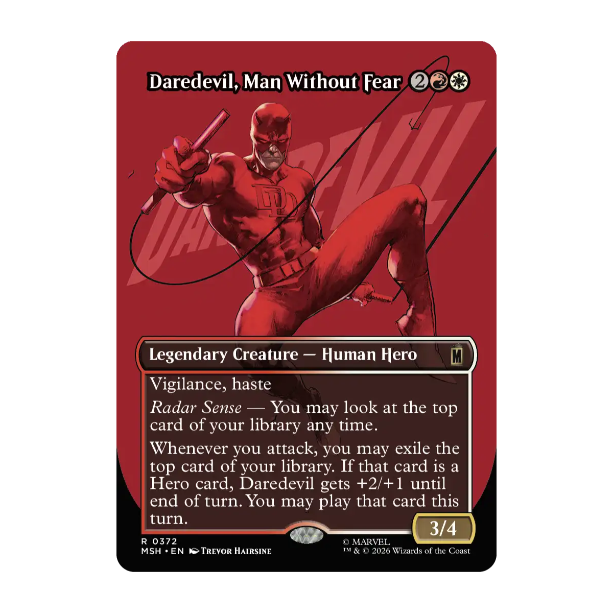 A Magic Gathering Marvel Daredevil trading card featuring a red illustrated character against a dark borderless red card face. Visible text includes 'Daredevil, Man Without Fear' and card type information.