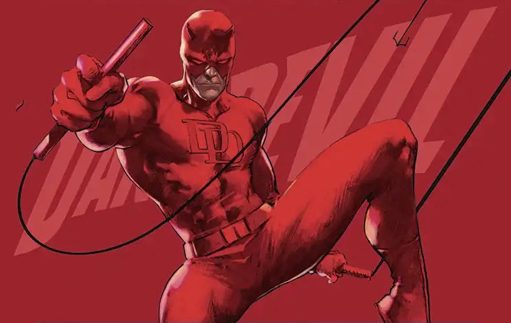 Magic Gathering MSH Marvel Superheroes Comic-style illustration of Marvel's Daredevil in his red suit, crouching and swinging a baton against a red background with large faded Daredevil lettering.