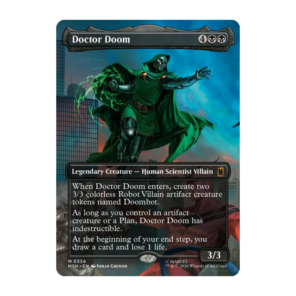 A Magic: The Gathering trading card for Doctor Doom, featuring artwork of the character in his signature green cloak casting a power spell up against a blue and black city background.