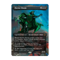 A Magic: The Gathering trading card for Doctor Doom, featuring artwork of the character in his signature green cloak casting a power spell up against a blue and black city background.