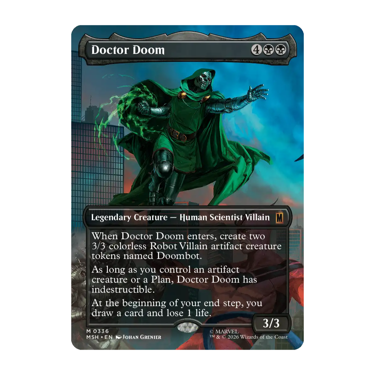 A Magic: The Gathering trading card for Doctor Doom, featuring artwork of the character in his signature green cloak casting a power spell up against a blue and black city background.