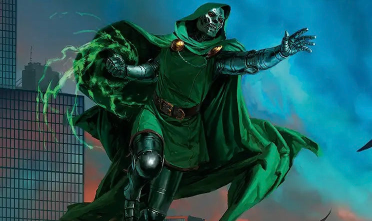 A comic-style illustration of Marvel Supervillain Doctor Doom in a flowing green cloak and skull mask, with green energy swirling around one hand, set against a city skyline and blue sky.