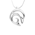 Silver pendant with a swirling design on a white background