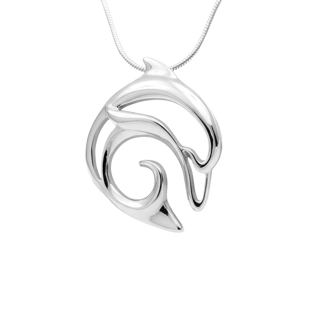 Silver pendant with a swirling design on a white background