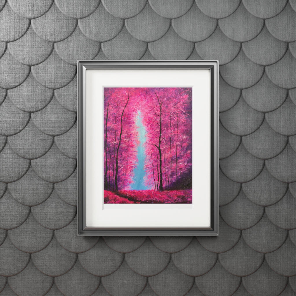 Framed artwork of a fluorescent pink forest scene on a textured gray wall.