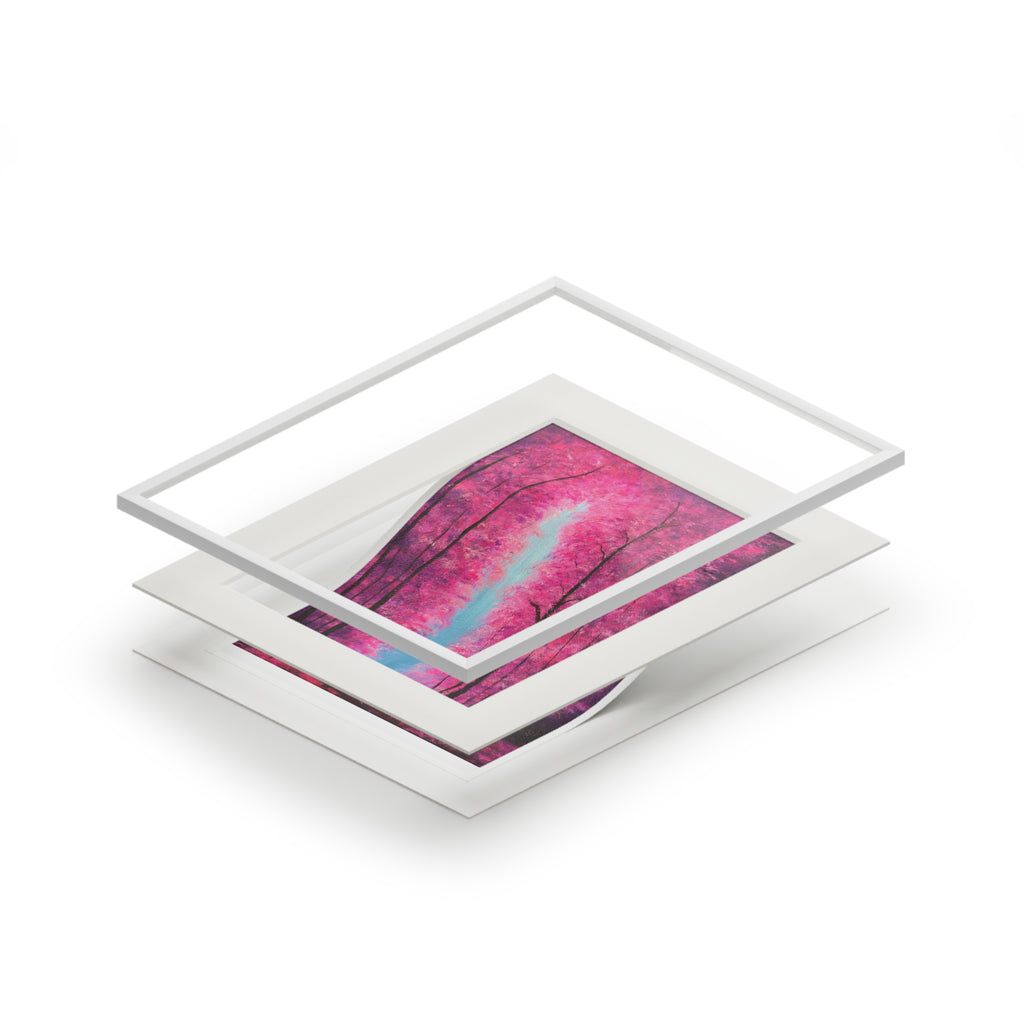Stack of white photo frames with a pink and blue abstract painting inside