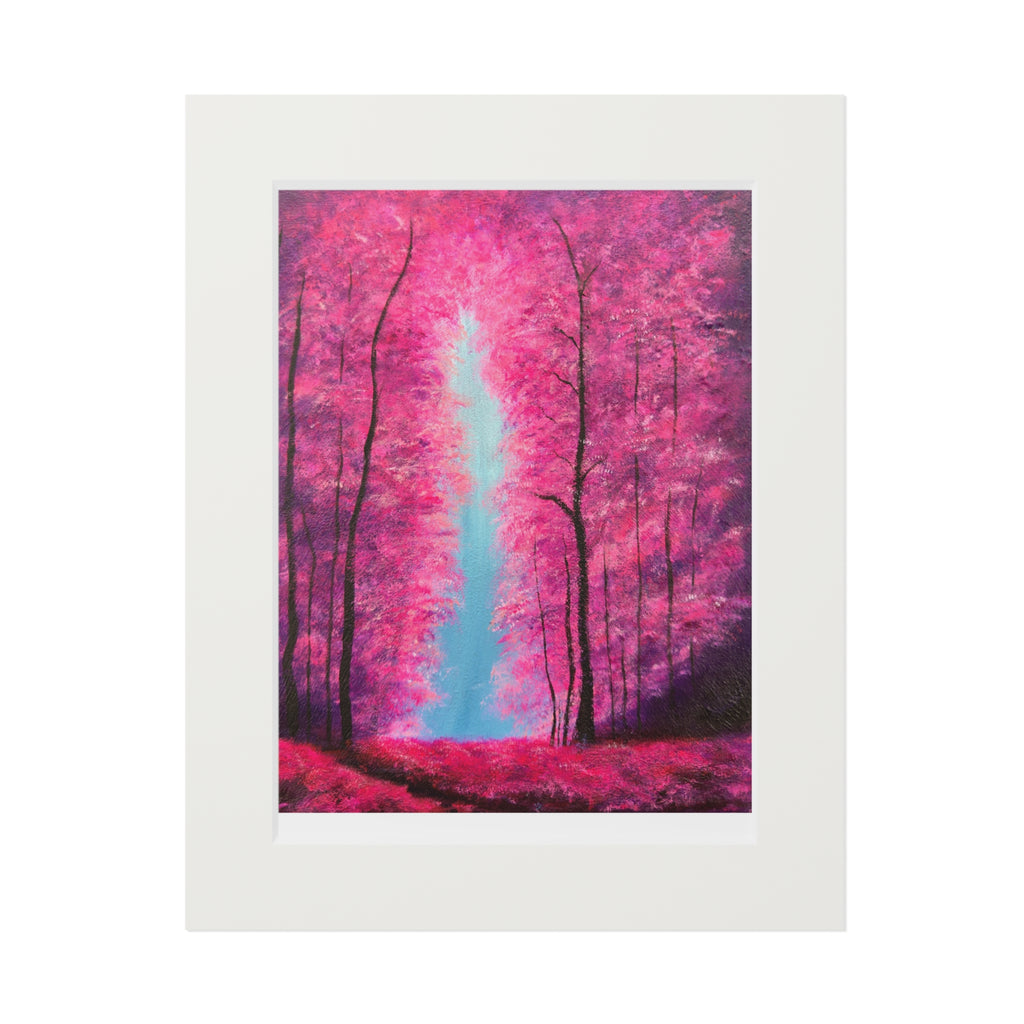 Framed artwork of a fluorescent pink forest with a white border